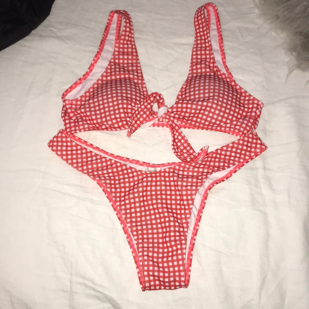 Red and white bikini